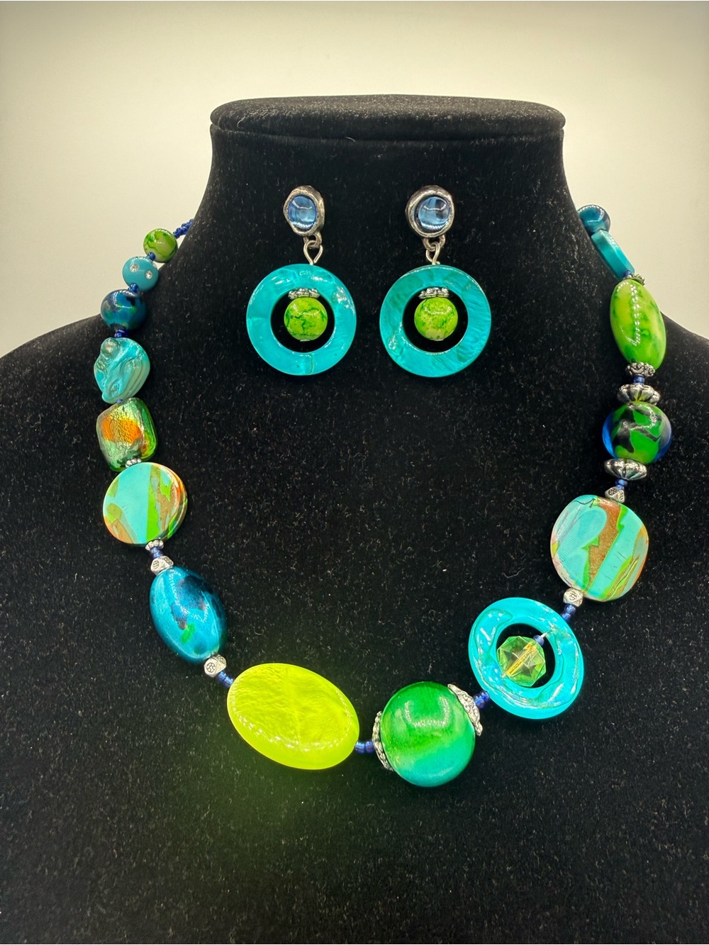 Turquoise and Lime Glass Statement Necklace with Matching Earrings